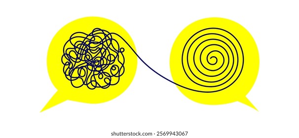 Stress concept. Tangled vector line illustration. Abstract graphic doodle symbol. Psychology process, problems solution design, chaos, mind psychotherapy. Editable stroke