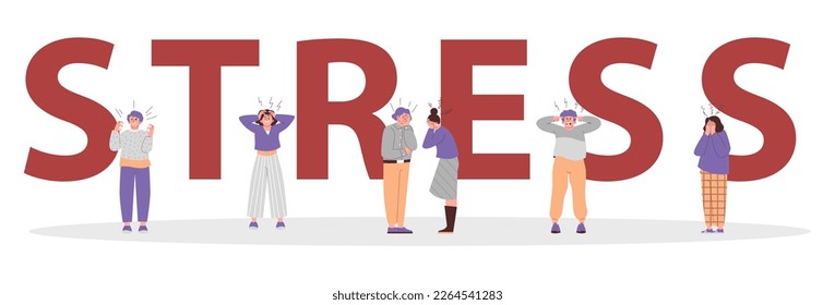 Stress concept typography header with tiny characters, flat vector illustration isolated on white background. Tense and stressed out people with headache.