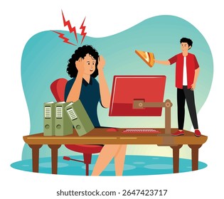 Conceito de estresse. Uma funcionária sentindo-se Estressada em sua mesa fica surpresa quando sua amiga oferece pizza, incentivando uma pausa.
