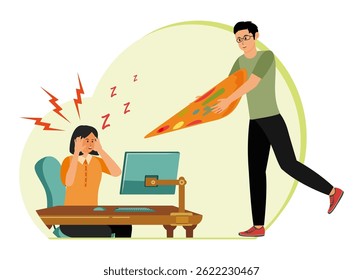 Stress Concept. A woman employee in a stressful situation at his working place doing his job. A helpful coworker approaches holding a large slice of pizza, symbolizing support and relaxation.