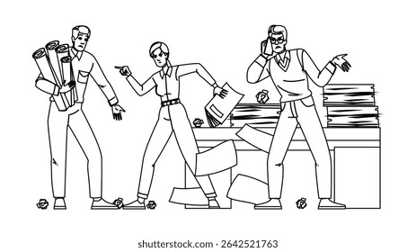 stress conflict panic office vector. tension anxiety, dispute crisis, fear pressure stress conflict panic office character. people black line pencil drawing illustration