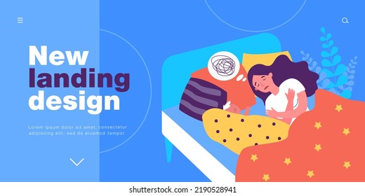 Stress, confusion in head of lonely mother. Woman lying in bed with sleeping baby flat vector illustration. Postpartum depression, mental health concept for banner, website design or landing web