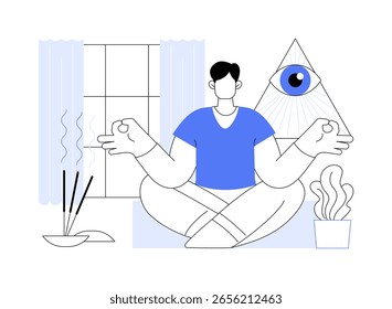 Ilustrações isoladas do vetor de desenhos animados com controle de estresse. Homem meditando sozinho, pose de lótus, controle de emoções, saúde mental, crescimento psicológico, estado de atenção plena, desenho animado vetorial de resolução de estresse.