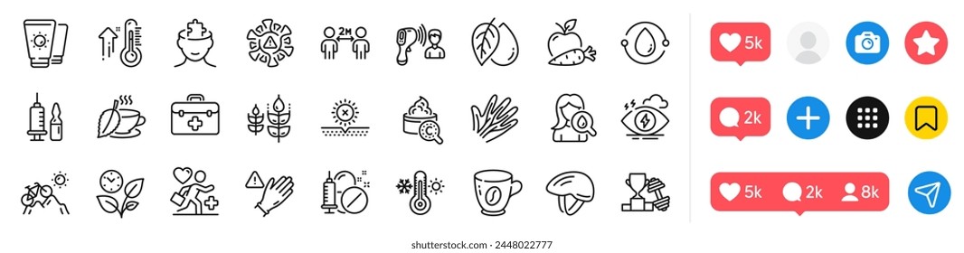 Stress, Coronavirus and Mental conundrum line icons pack. Social media icons. Medical drugs, Mountain bike, High thermometer web icon. Use gloves, Sunscreen, Social distancing pictogram. Vector