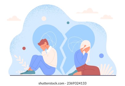 Stress couple near broken heart concept. Young guy and girl cry after quarrel. Depression and frustrations. Couple after break up. Sad wife and husband. Cartoon flat vector illustration