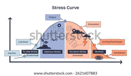 Stress Curve shows the relationship between stress levels and performance, highlighting fatigue, exhaustion, and burnout. Doodle style diagram