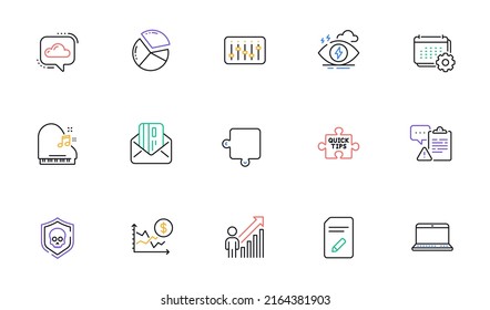 Stress, Cyber attack and Quick tips line icons for website, printing. Collection of Credit card, Piano, Pie chart icons. Notebook, Calendar, Dollar rate web elements. Dj controller. Vector