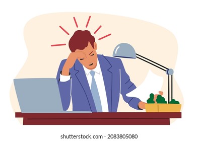 Stress, Deadline Concept with Overload Stressed Employee in Office. Overloaded Confused Business Man Sit at Laptop at Workplace with Headache, Professional Burnout. Cartoon Vector Illustration