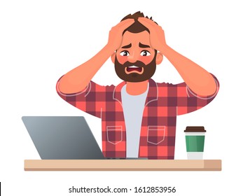 Stress or deadline at work. A business man clutched his head in panic. The bad news. Vector illustration in cartoon style