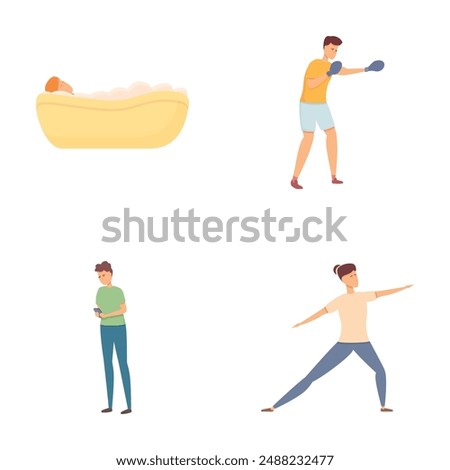 Stress dealing icons set cartoon vector. People deal with stress differently. Hobby, pastime