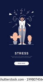 Stress, depression, bad mood, High stress level banner. Screaming angry woman is under the stress. Psychology, pressure, panic, mental disorders concept for website design. Flat vector illustration