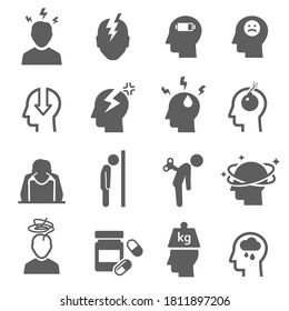 Stress, Depression fett schwarze Silhouette Symbole einzeln auf weiß. Nervenzusammenbrüche, Schwere, Piktogramme für Neurasthenie. Frustration. Kopfschmerz-Vektorelemente für Infografik, Web.