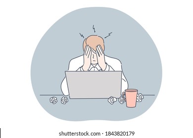 Stress, depression, frustration, overworking, fatigue business concept. Headache migraine and deadline vector illustration. Upset frustrated depressed businessman clerk manager sitting at office