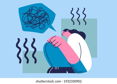 Stress, depression, having grief concept. Young woman cartoon character sitting on floor with bad thoughts feeling depressed confused frustrated alone vector illustration