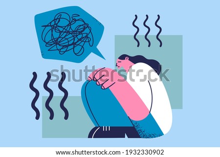 Stress, depression, having grief concept. Young woman cartoon character sitting on floor with bad thoughts feeling depressed confused frustrated alone vector illustration