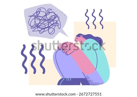 Stress, depression, having grief concept. Young woman cartoon character sitting on floor with bad thoughts feeling depressed confused frustrated alone vector illustration