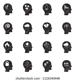 Stress And Depression Icons. Black Scribble Design. Vector Illustration.