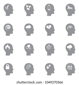 Stress And Depression Icons. Gray Flat Design. Vector Illustration. 