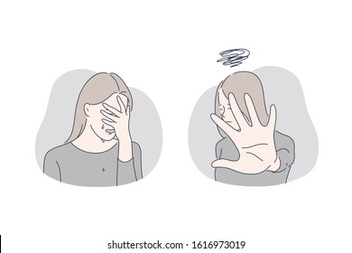 Stress, depression, refusal set concept. Upset young girl is depressed and crying. Sad woman is stressful and refuses help and support. Depression causes raise of stress level. Simple flat vector