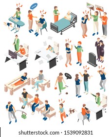 Stress depression symptoms causes treatment isometric icons set with internet addiction relationships loss death burnout vector illustration 