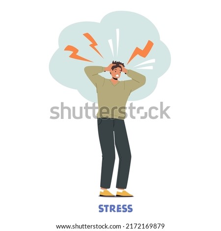 Stress, Despair, Frustration, Life Problems Concept. Young Desperate Man Holding Head with Sparkling Lightnings above. Male Character Troubles, Headache, Disease. Cartoon Vector Illustration