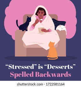 Stress is desserts spelled backwards social media post mockup. Advertising web banner design template. Social media booster, content layout. Promotion poster, print ads with flat illustrations