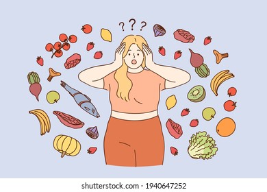 Stress, dieting, weight loss concept. Fat girl in fitness costume wanting to start diet and healthy eating but doubting about food variety and ingredients to buy vector illustration 