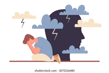 Stress disorder clouds of depressed sad teenager vector illustration. Cartoon unhappy boy character and bad weather of illness. Loneliness, mental health and psychology concept isolated on white