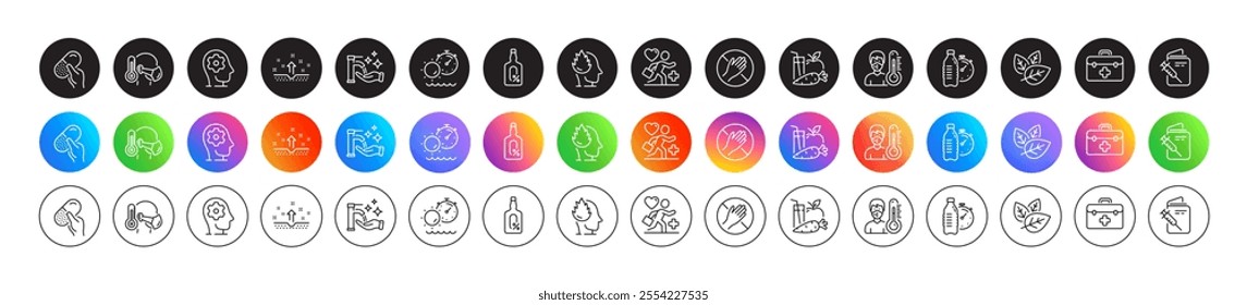 Stress, Dont touch and First aid line icons. Round icon gradient buttons. Pack of Vaccination passport, Patient, Sick man icon. Capsule pill, Brain working, Clean skin pictogram. Vector