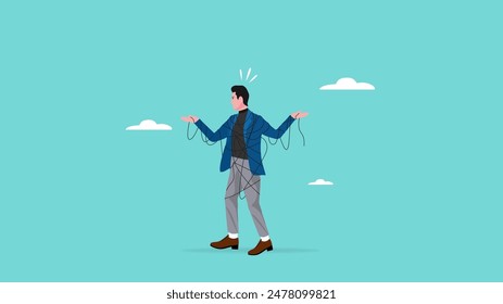 stress due to business problems or mental disorders, panic and confused businessman because of the messy rope wrapped around his body