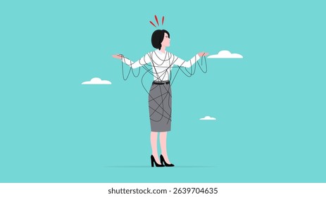 stress due to business problems or mental disorders, panic and confused businesswoman because of the messy rope wrapped around his body