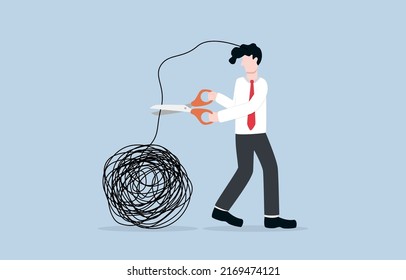 Stress Elimination From Busy Work Or Toxic Environment, Changing Behavior For Better Mental Health, Work Life Balance Concept. Businessman Cutting Messy Tangled Line Cling To His Head. 