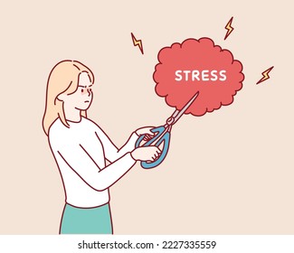 Stress elimination from busy work or toxic environment, changing behavior for better mental health, Woman cutting stress balloon string with scissors. Hand drawn style vector design illustrations.