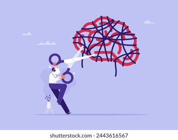 Stress elimination from busy work or toxic environment concept, changing behavior for better mental health, businessman cutting stress string around brain with scissors