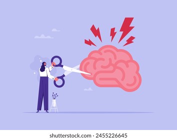 Stress elimination from busy work or toxic environment concept, changing behavior for better mental health, overworked woman cutting stress with scissors