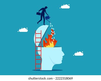 Stress or emotional problems. businessman who pours water to put out the fire in his brain