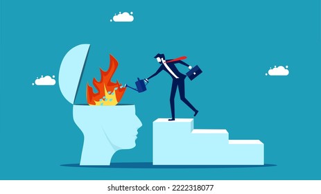 Stress or emotional problems. businessman who pours water to put out the fire in his brain