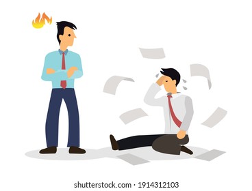 Stress employee collapse on the floor with sheets of paper flying with his angry boss. Business concept paper work and workload. Flat vector illustration isolated on white illustration.