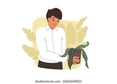 Stress is experienced by business man holding wilted houseplant, symbolizing decline in career. Problem of stress in office employee who needs to take antidepressants or go to psychotherapist