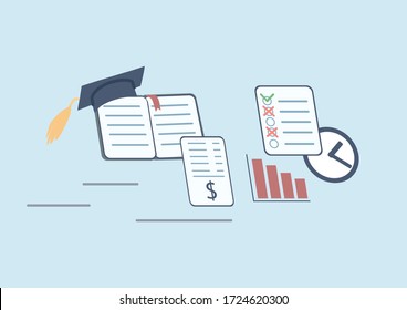 Stress factors flat concept vector illustration. Book with mortar board, bills, graph and clock 2D cartoon composition for web design. Education and business problems, financial crisis creative idea