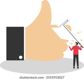 Stress and failure. Businessman removed thumb up with eraser. Modern vector illustration in flat style

