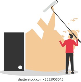 Stress and failure. Businessman removed thumb up with eraser. Modern vector illustration in flat style

