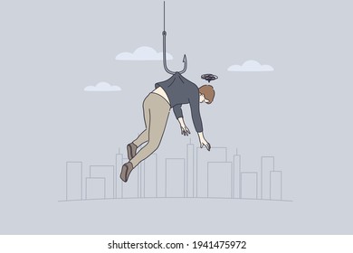 Stress, failure and personal weakness concept. Young man cartoon character hanging on fishing hook feeling depressed and having bad thoughts in mind vector illustration 