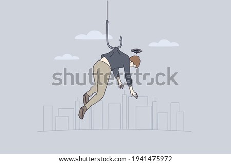 Stress, failure and personal weakness concept. Young man cartoon character hanging on fishing hook feeling depressed and having bad thoughts in mind vector illustration 