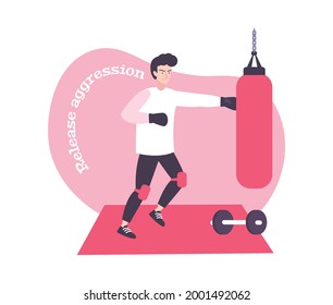 Stress flat composition with man releasing aggression by doing boxing vector illustration