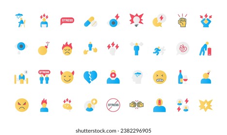 Stress flat icons set vector illustration. Symbols of anxiety and tiredness, hangover and work burnout, tired sick man with low battery, angry and nervous person with steam from head.