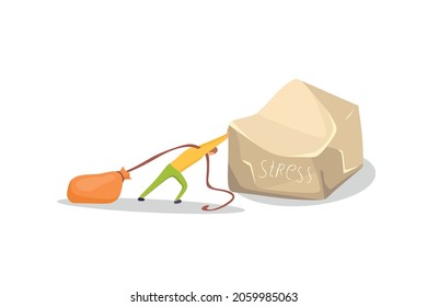 Stress in the form of a huge lump that a man is trying to move, and a bag of problems on his shoulders. Vector cartoon illustration.