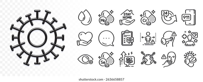 Stress grows, Emergency call and Eye checklist line icons for web app. Glare of light effect. Message icon. Pack of 24 hours, Dont touch, Coronavirus pills pictogram icons. Vector