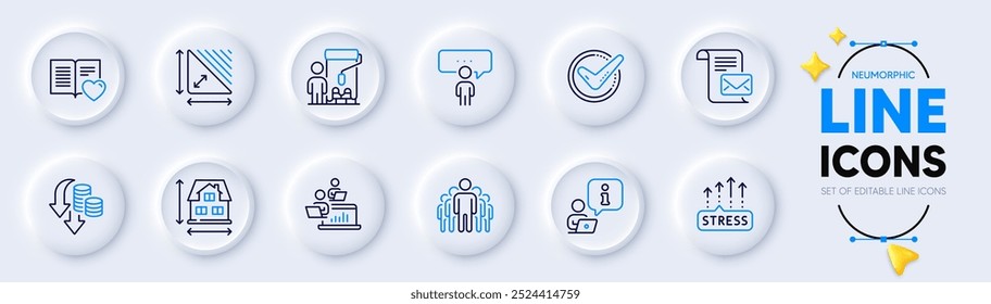 Stress grows, House dimension and Love book line icons for web app. Pack of Interview, Consulting business, Mail letter pictogram icons. Triangle area, Group, Teamwork signs. Painter. Vector