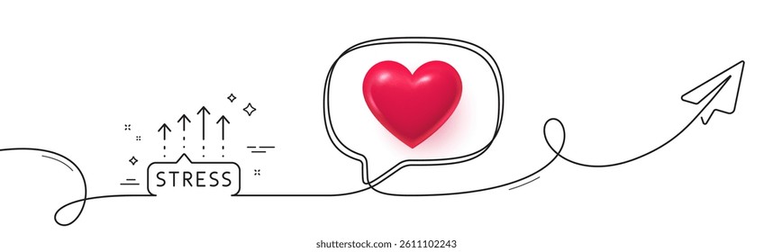 Stress grows line icon. Continuous line with share plane. Anxiety depression chat sign. Mental health symbol. 3d heart in speech bubble. Stress grows single line ribbon. Loop curve pattern. Vector